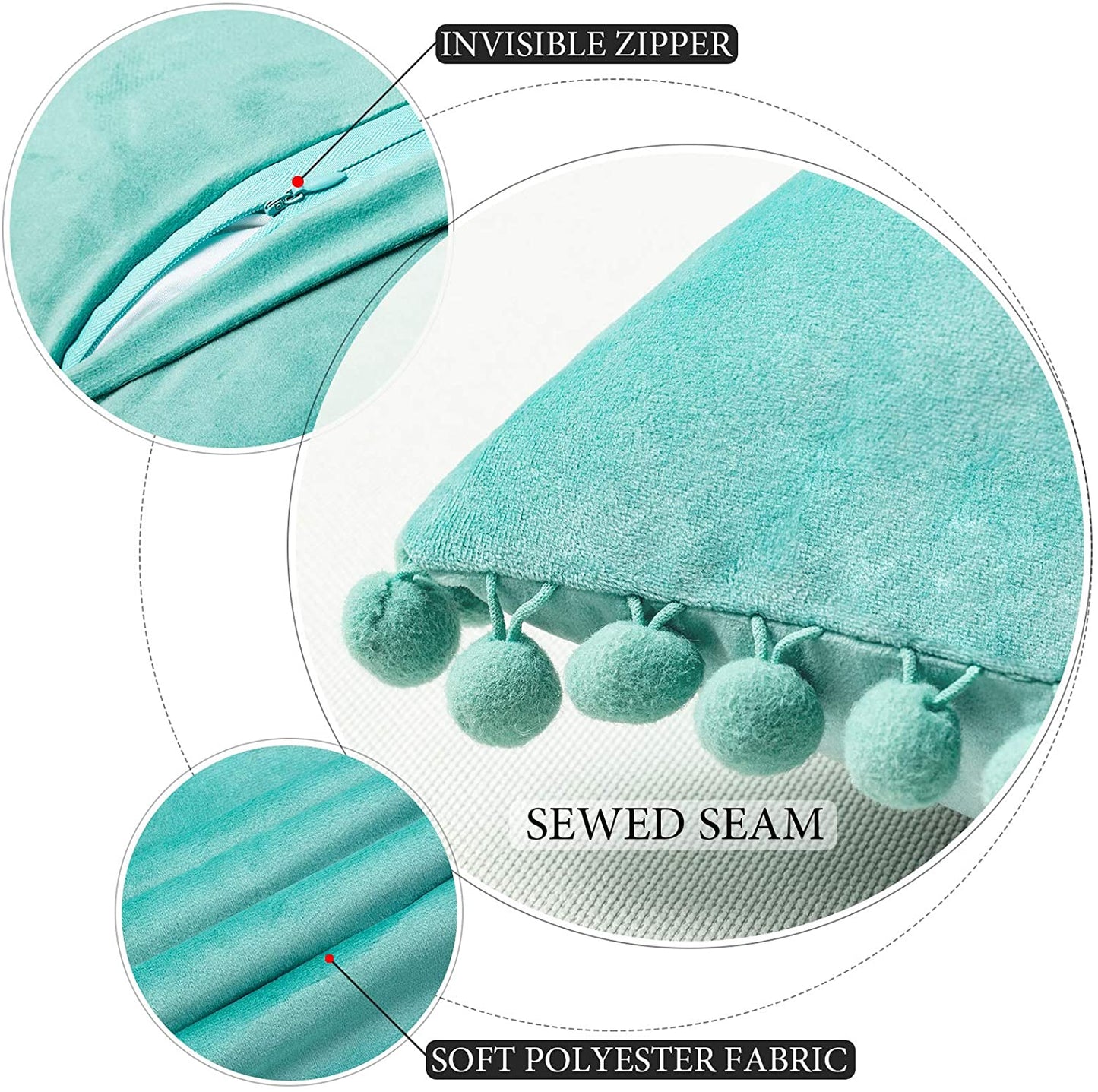 2x  Square Throw Pillows with Cute Pom-poms for Couch Sofa Bedroom Decor (Inserts + Pillow Covers, Teal Green)