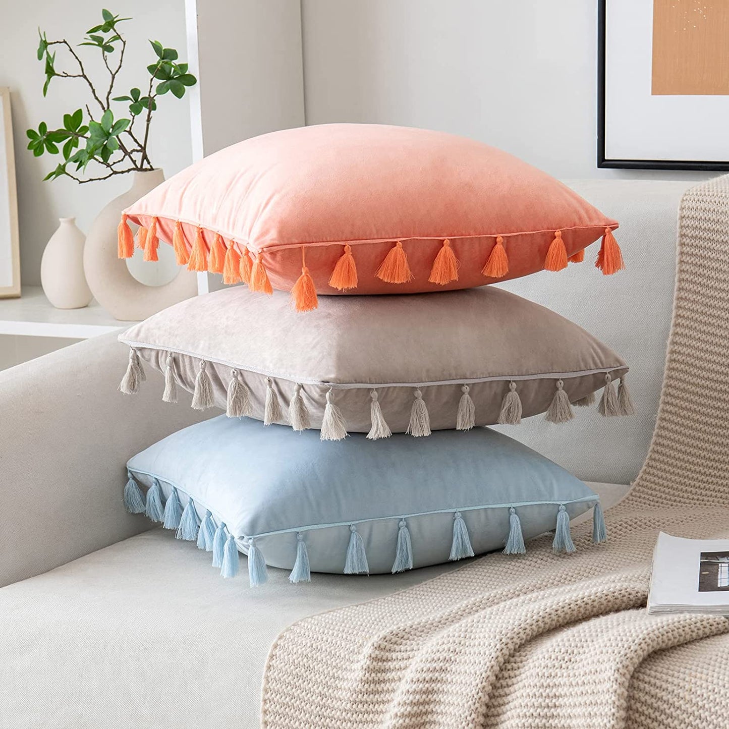 Pack of 2 Velvet Soft Solid Decorative Throw Pillows with Tassels Fringe Boho Accent Cushion for Couch Sofa Bed, Water Green