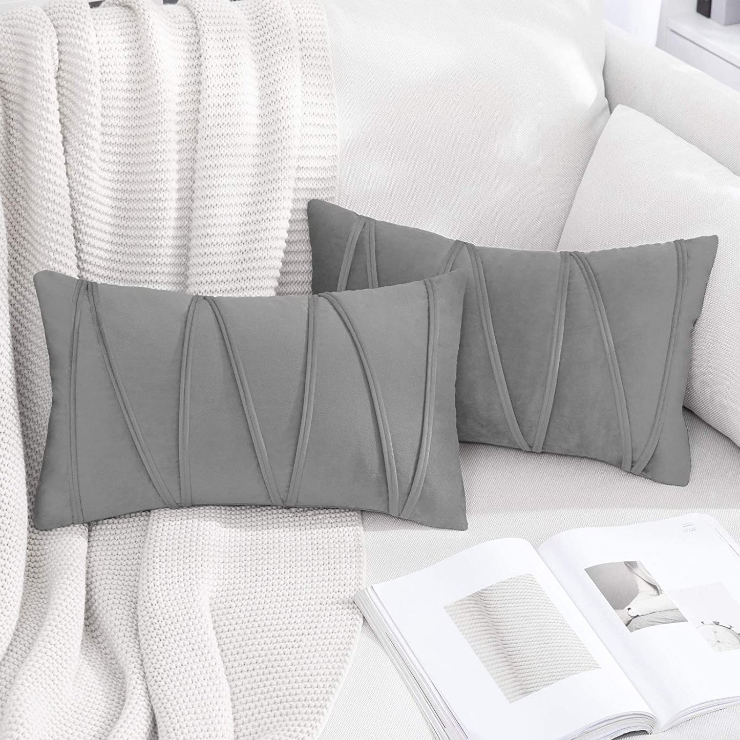 2x Velvet Throw Pillows for Couch Bed Sofa (Inserts + Pillow Covers,  Grey)