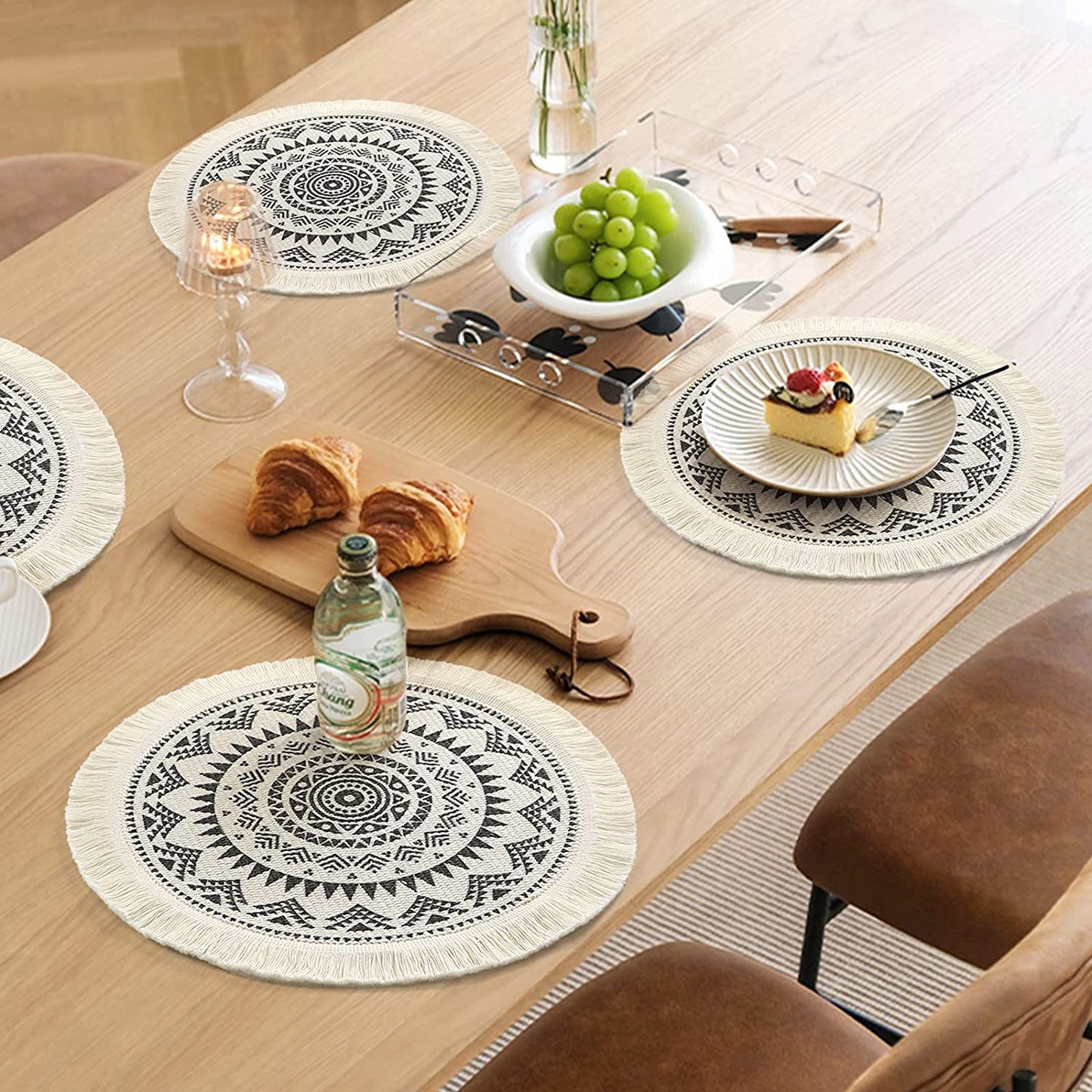 Round Placemats Set of 4/6/8, Boho Cotton Woven Macrame Tassels Table Mats Washable Heat Resistant Neutral Place Mat  (15 Inches,Dark Grey)