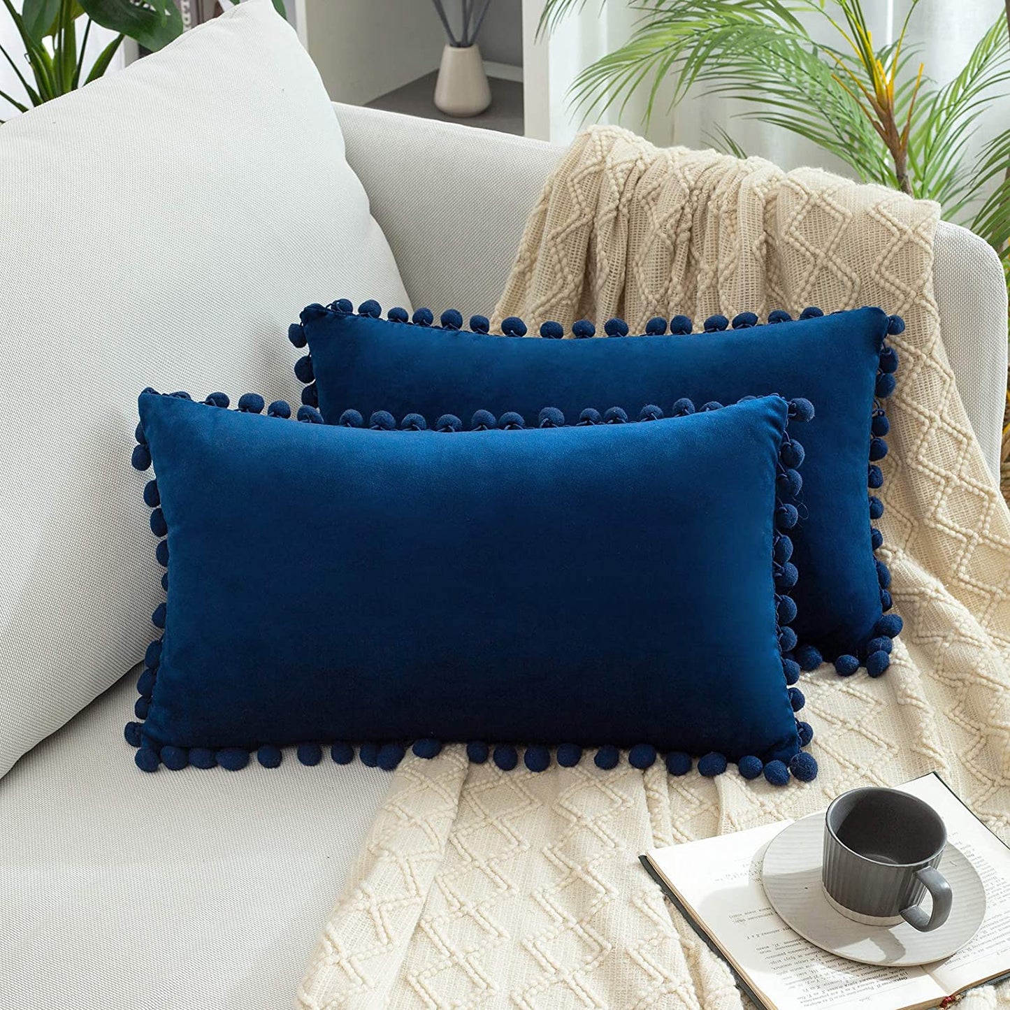 2x  Square Throw Pillows with Cute Pom-poms for Couch Sofa Bedroom Decor (Inserts + Pillow Covers, Navy)