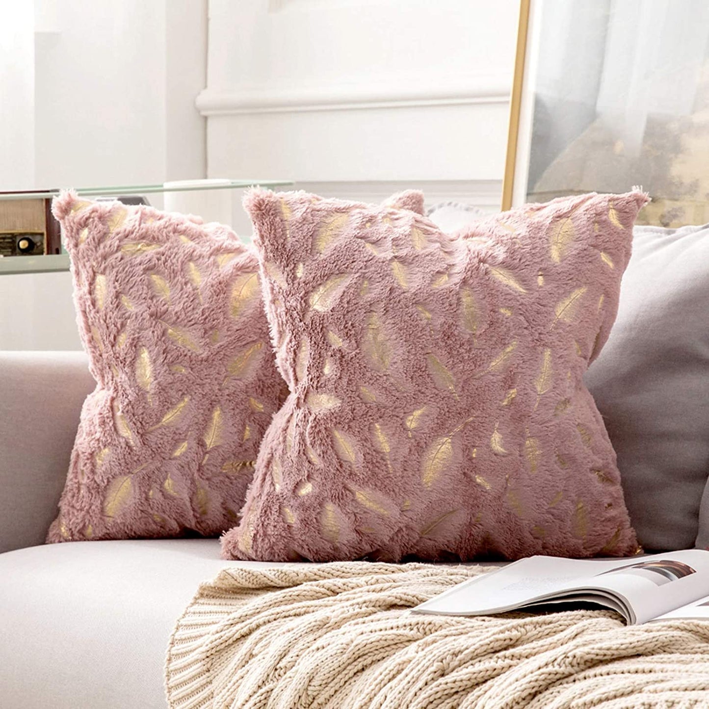 2x Square Throw Pillows Decorative Faux Fur Gold Feathers Gilding Leaves Cushion Cases Soft Fluffy(Inserts + Pillow Covers,Heather Pink)
