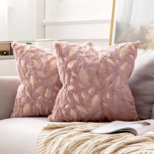 2x Square Throw Pillows Decorative Faux Fur Gold Feathers Gilding Leaves Cushion Cases Soft Fluffy(Inserts + Pillow Covers,Heather Pink)