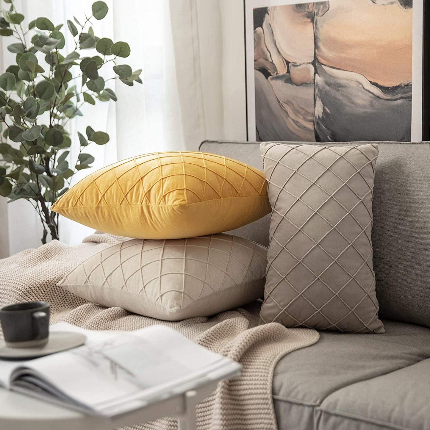 Velvet Throw Pillow Square Soft Couch Pillows Set of 2 (Inserts + Pillow Covers, Mix Pink and Grey)