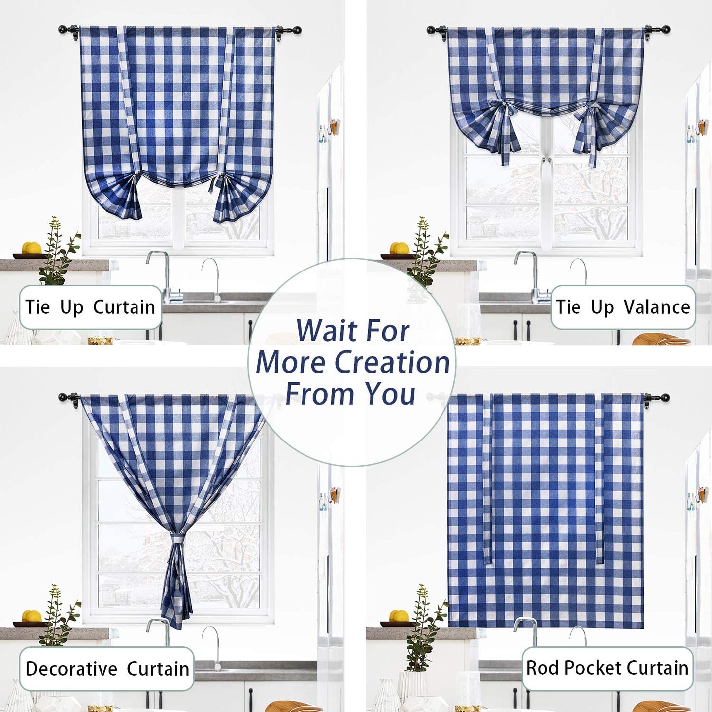 Tie Up Curtain for Kitchen Window Buffalo Check, Navy and White