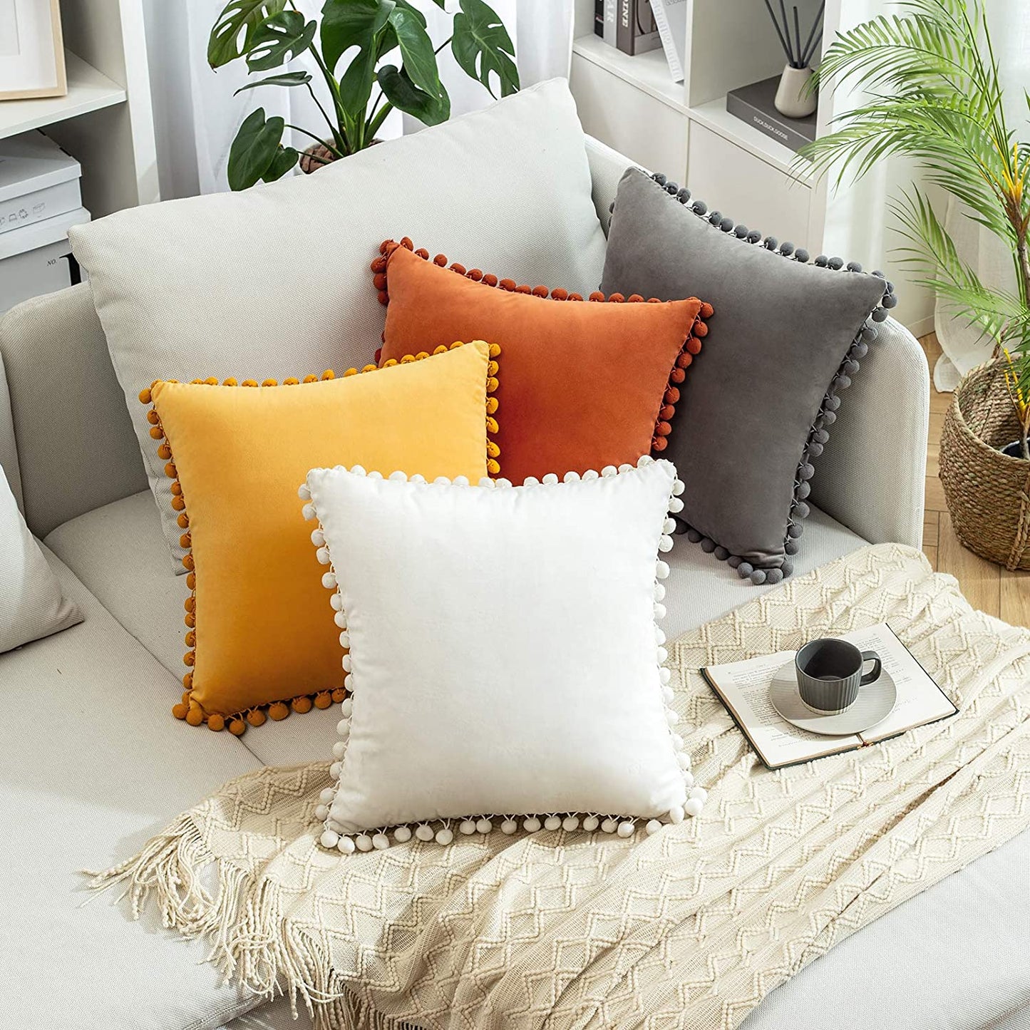 2x  Square Throw Pillows with Cute Pom-poms for Couch Sofa Bedroom Decor (Inserts + Pillow Covers, Grey)