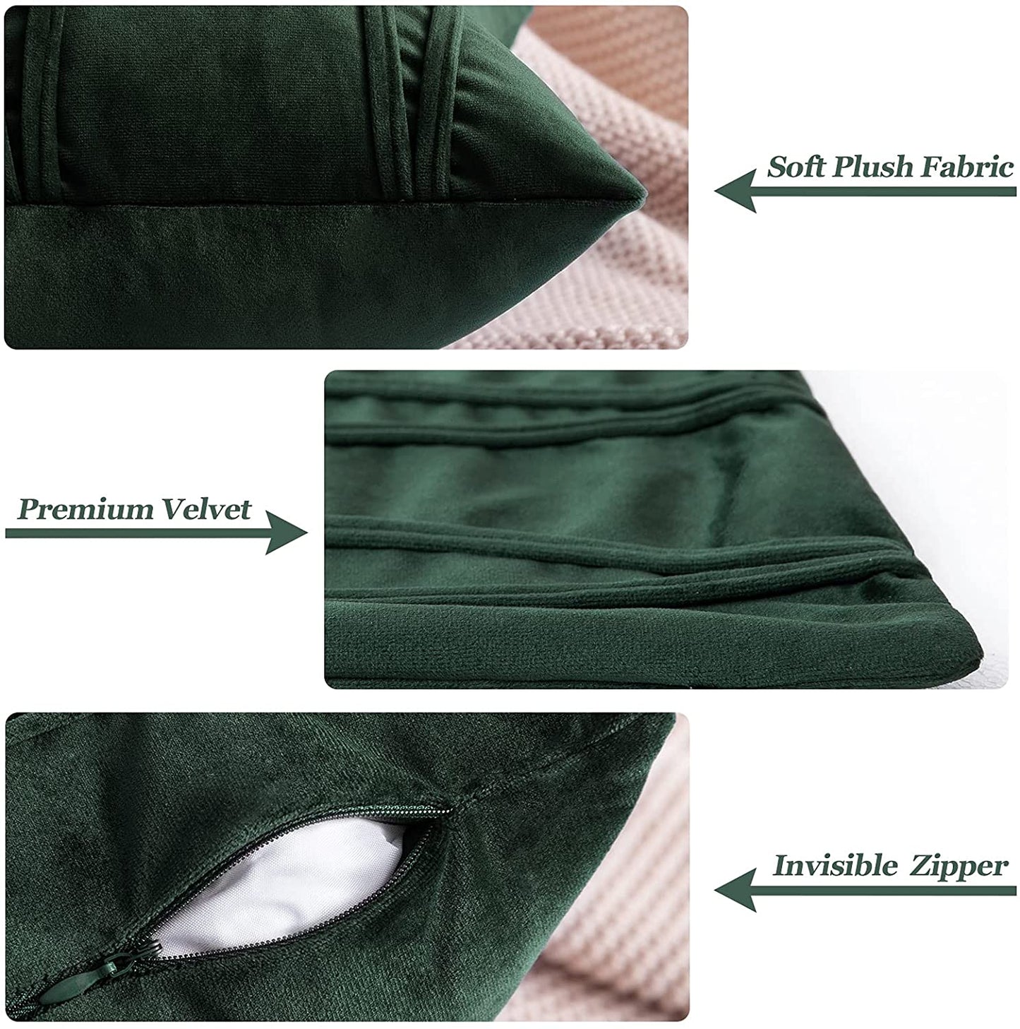 2x Velvet Throw Pillow Couch Bed Sofa (Inserts + Pillow Covers,  Dark Green)