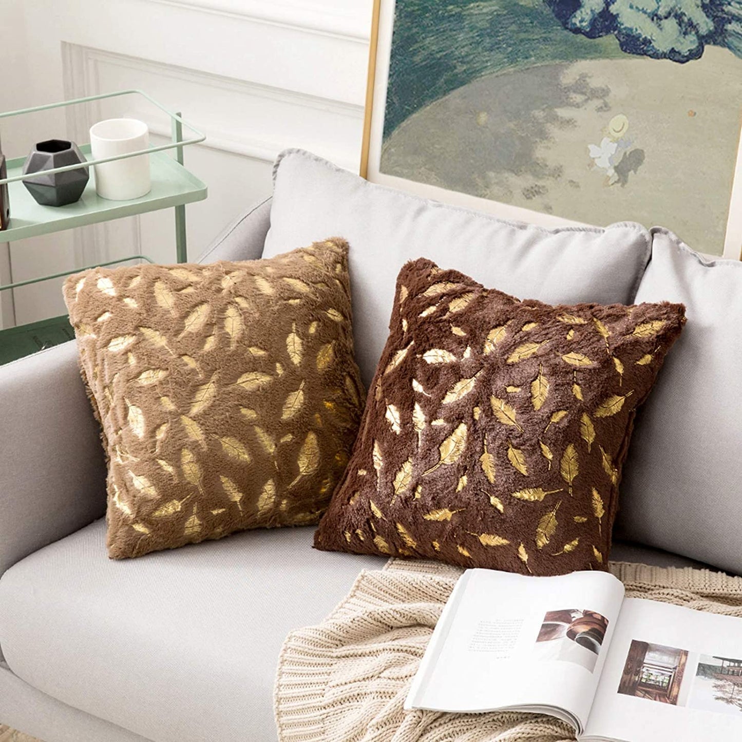 2x Square Throw Pillows Decorative Faux Fur Gold Feathers Gilding Leaves Cushion Cases Soft Fluffy(Inserts + Pillow Covers,Coffee)