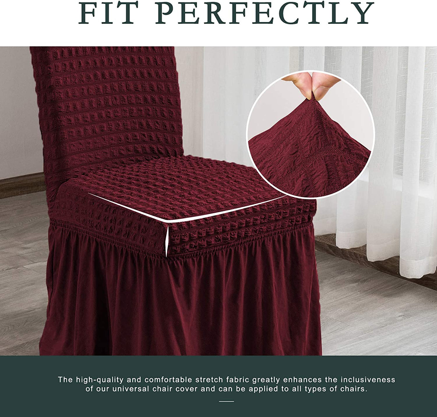 Stretchy Dining Room Chair Covers with Long Skirt, Suitable for families, parties, dirt resistant ,Set of 2/4/6/8 PCS,Wine
