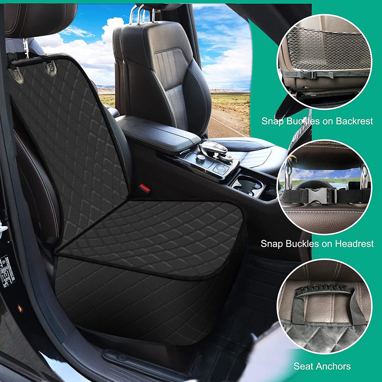 Pet Front Seat Cover, Waterproof Heavy Duty Front Dog Seat Cover with Anchors, Nonslip Net Backing & Scratchproof Dog Car Seat Cover, Black