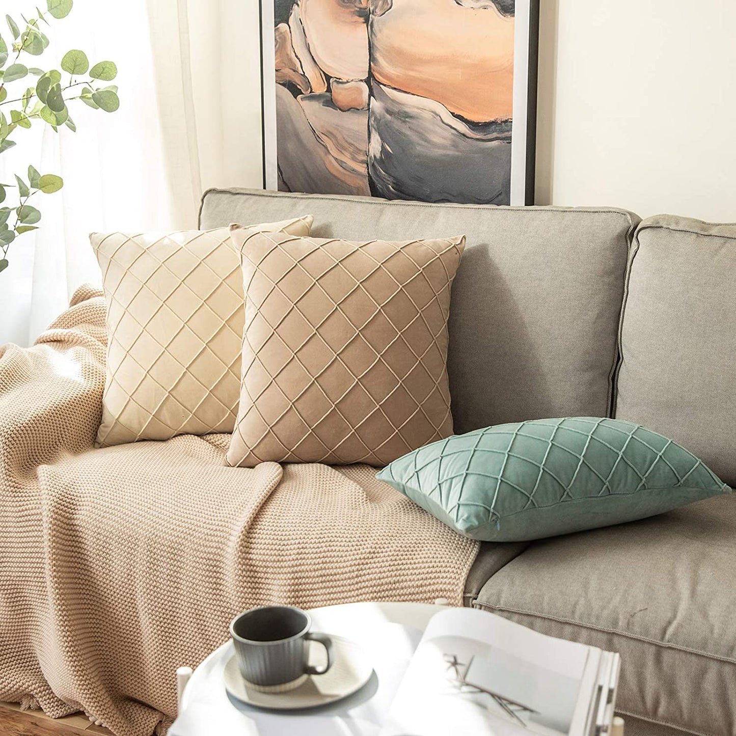 Velvet Throw Pillow Square Soft Couch Pillows Set of 2 (Inserts + Pillow Covers,Aqua Green)