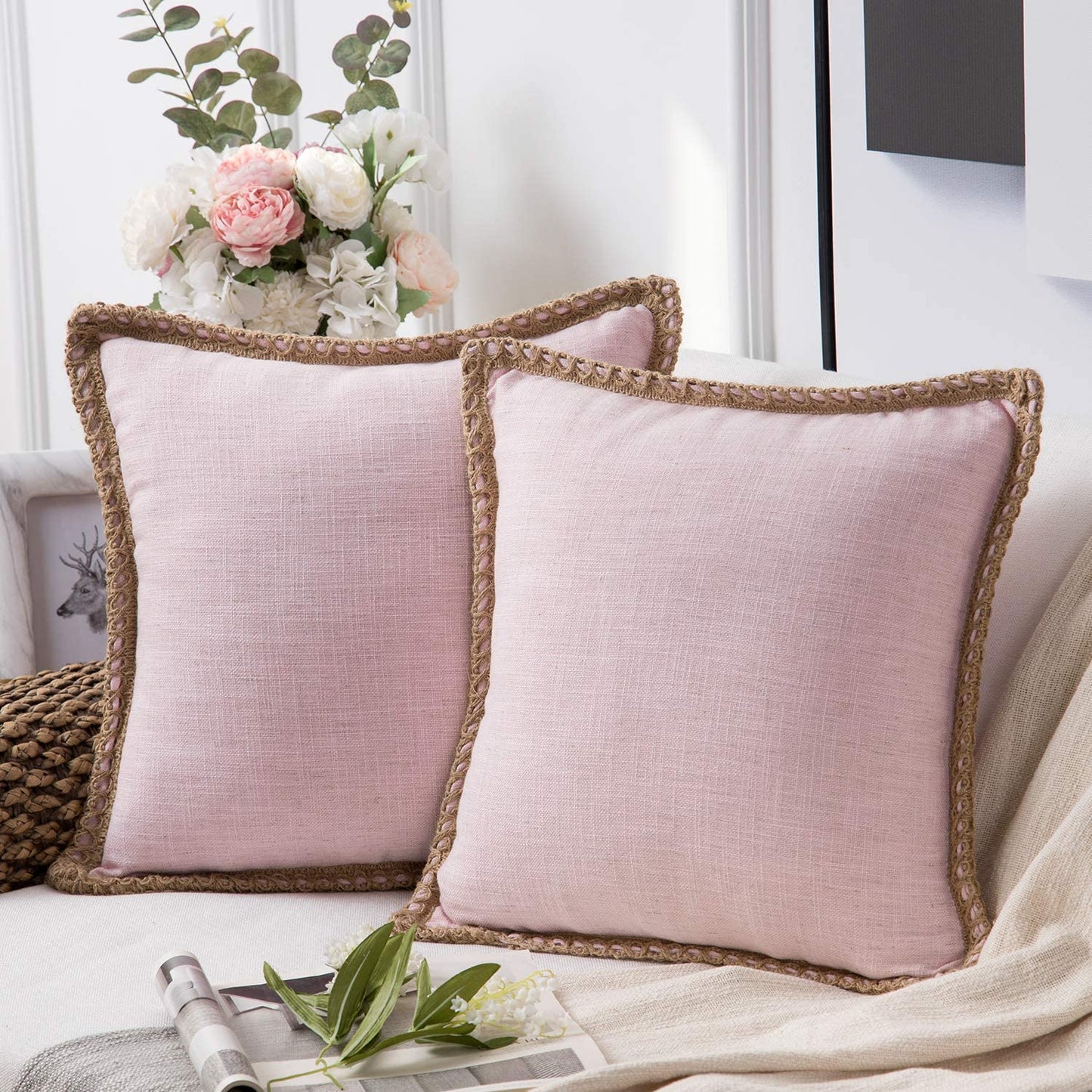 Pack of 2 Farmhouse Decorative Throw Pillow Covers Burlap Linen Trimmed Tailored Edges ,for Couch Sofa Living Room Decor - Light Pink
