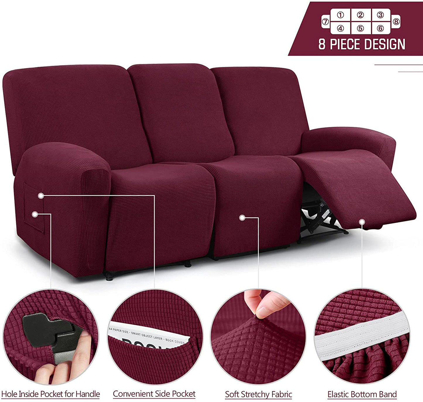 Recliner Sofa Covers Stretch for 1/2/3 Seats Jacquard Pattern Furniture Protector, Burgundy