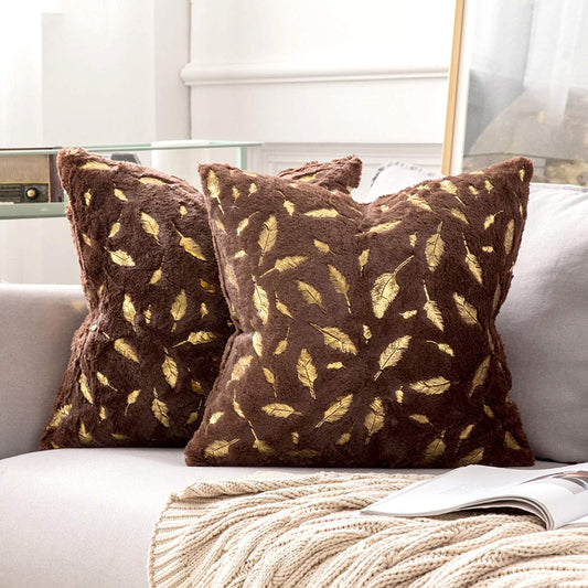 2x Square Throw Pillows Decorative Faux Fur Gold Feathers Gilding Leaves Cushion Cases Soft Fluffy(Inserts + Pillow Covers,Coffee)
