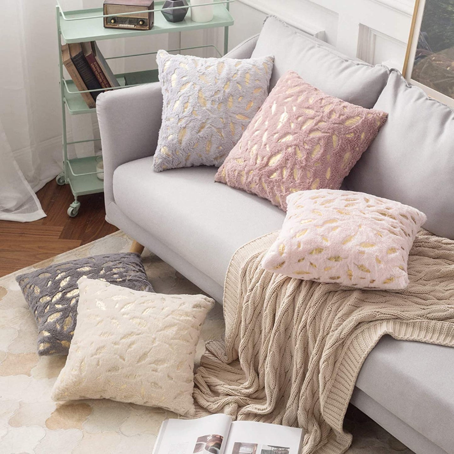 2x Square Throw Pillows Decorative Faux Fur Gold Feathers Gilding Leaves Cushion Cases Soft Fluffy(Inserts + Pillow Covers,Pink)
