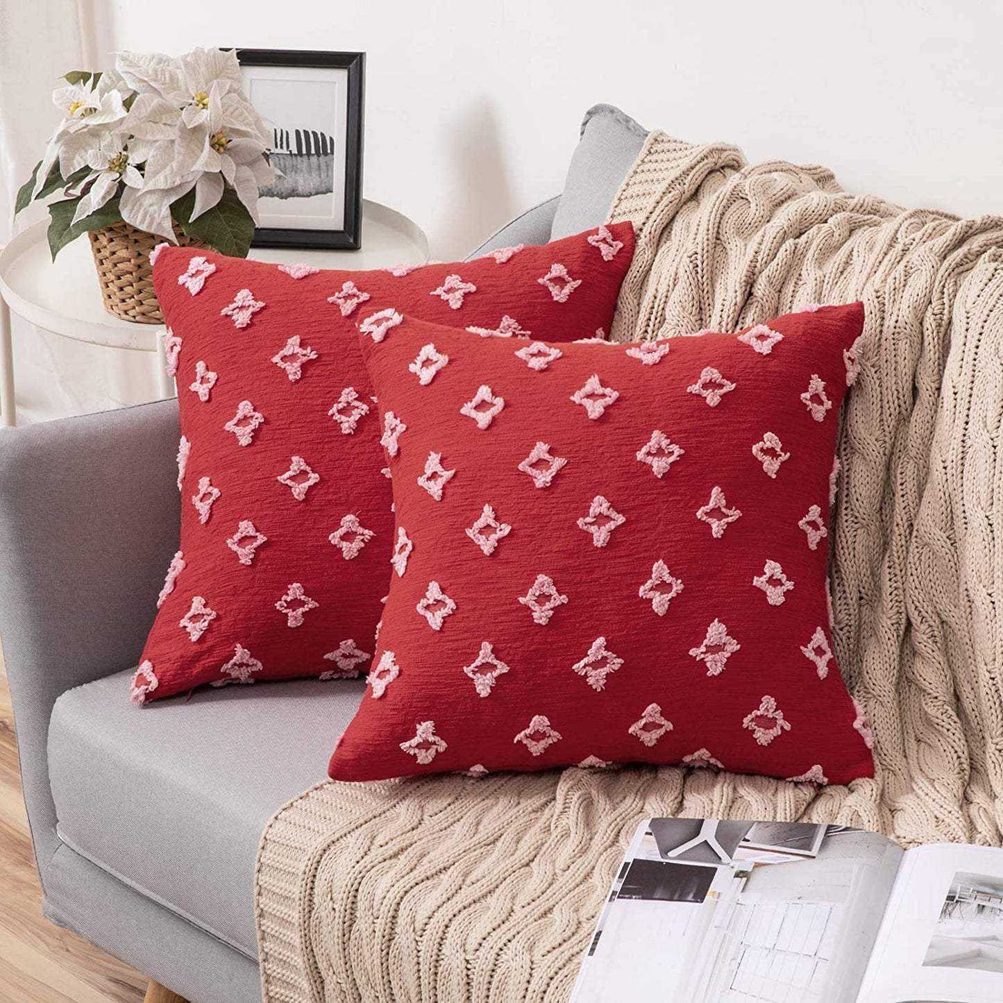 Velvet Throw Pillow Diamond Jacquard Soft Couch Pillows Set of 2 (Inserts + Pillow Covers, Red)