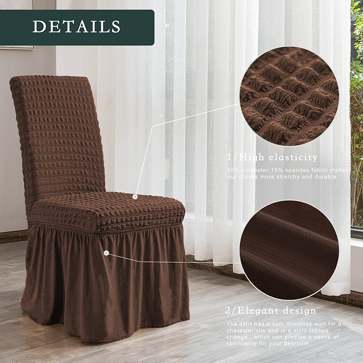Stretchy Dining Room Chair Covers with Long Skirt, Suitable for families, parties, dirt resistant ,Set of 2/4/6/8 PCS,Chocolate