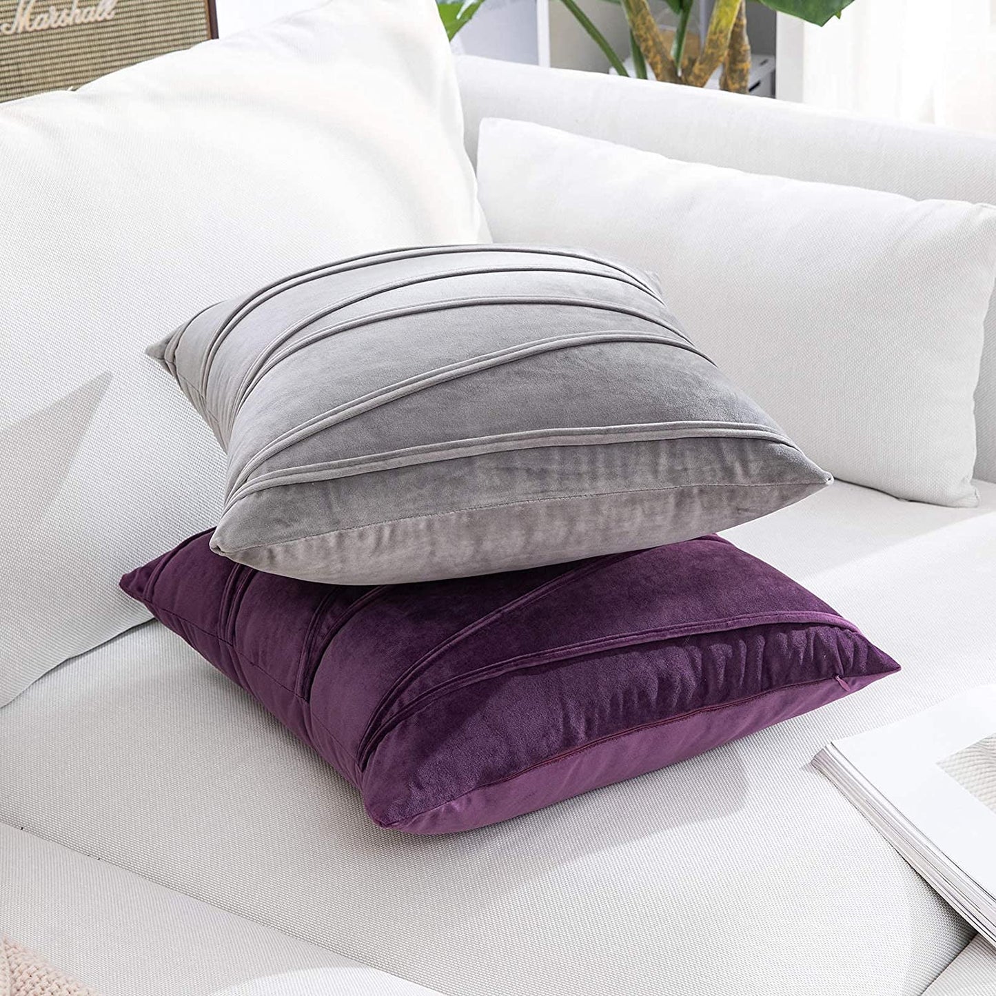 2x Velvet Throw Pillows for Couch Bed Sofa (Inserts + Pillow Covers,  Grey)