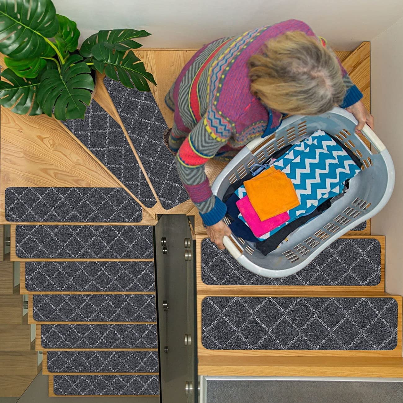 Stair Treads Carpet Non-Slip Indoor Stair Runners for Wooden Steps, Stair Rugs for Kids and Dogs, Set of 15, 8" X 30",Diamond Grey