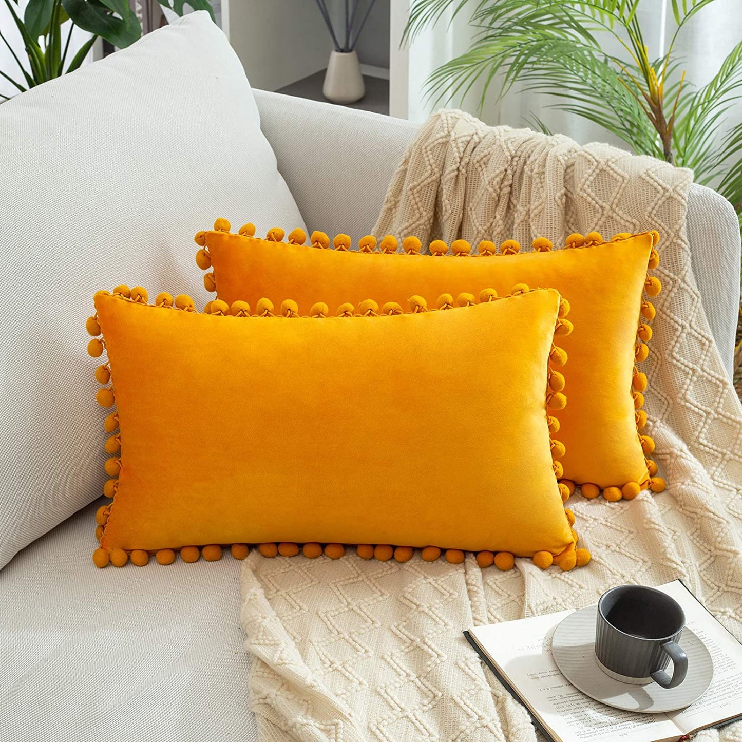 2x  Square Throw Pillowa with Cute Pom-poms for Couch Sofa Bedroom Decor (Inserts + Pillow Covers, Gold)