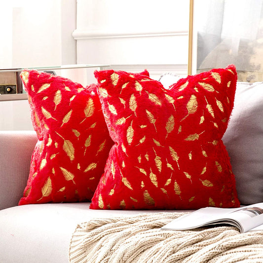 2x Square Throw Pillows Decorative Faux Fur Gold Feathers Gilding Leaves Cushion Cases Soft Fluffy(Inserts + Pillow Covers, Red)
