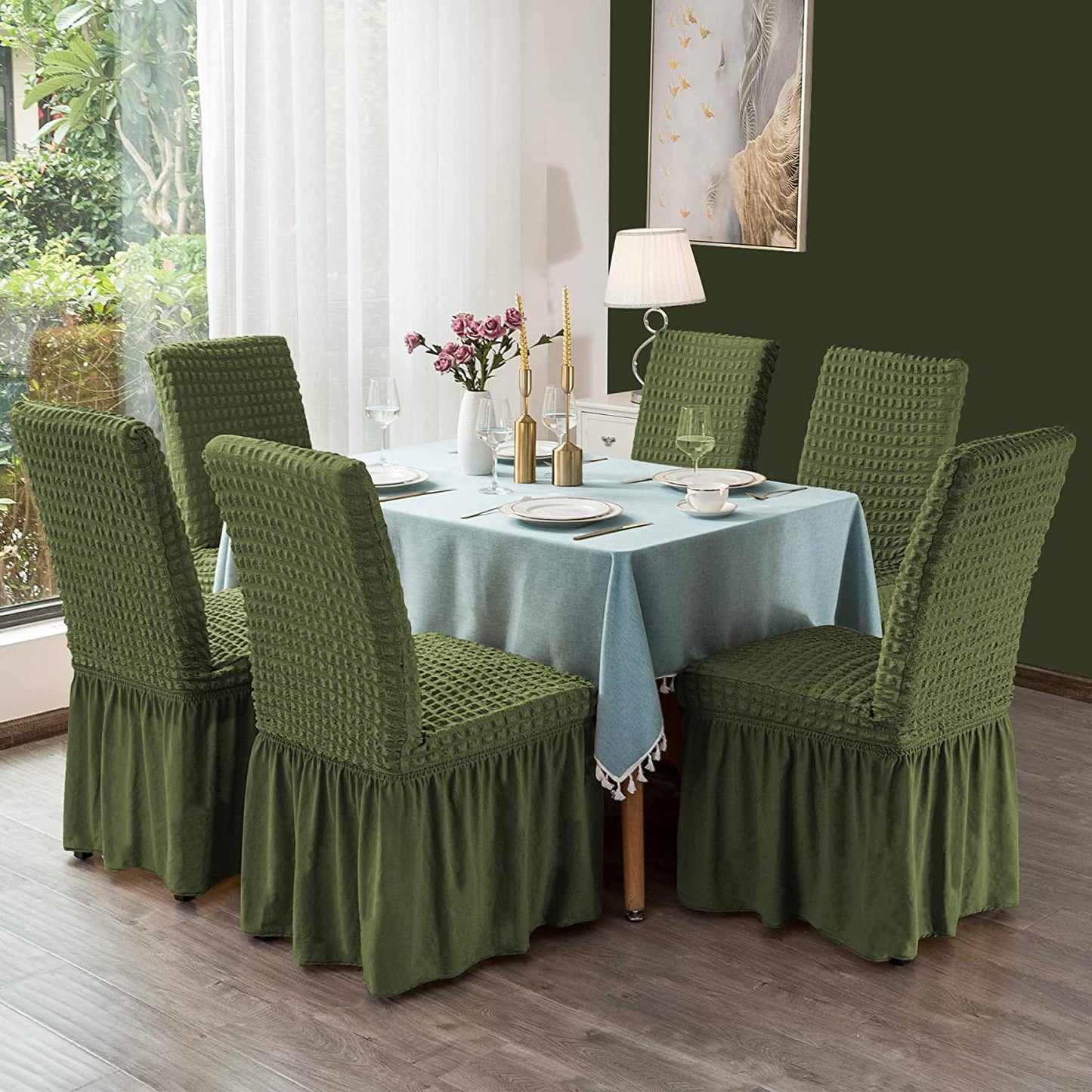 Stretchy Dining Room Chair Covers with Long Skirt, Suitable for families, parties, dirt resistant ,Set of 2/4/6/8 PCS,Green