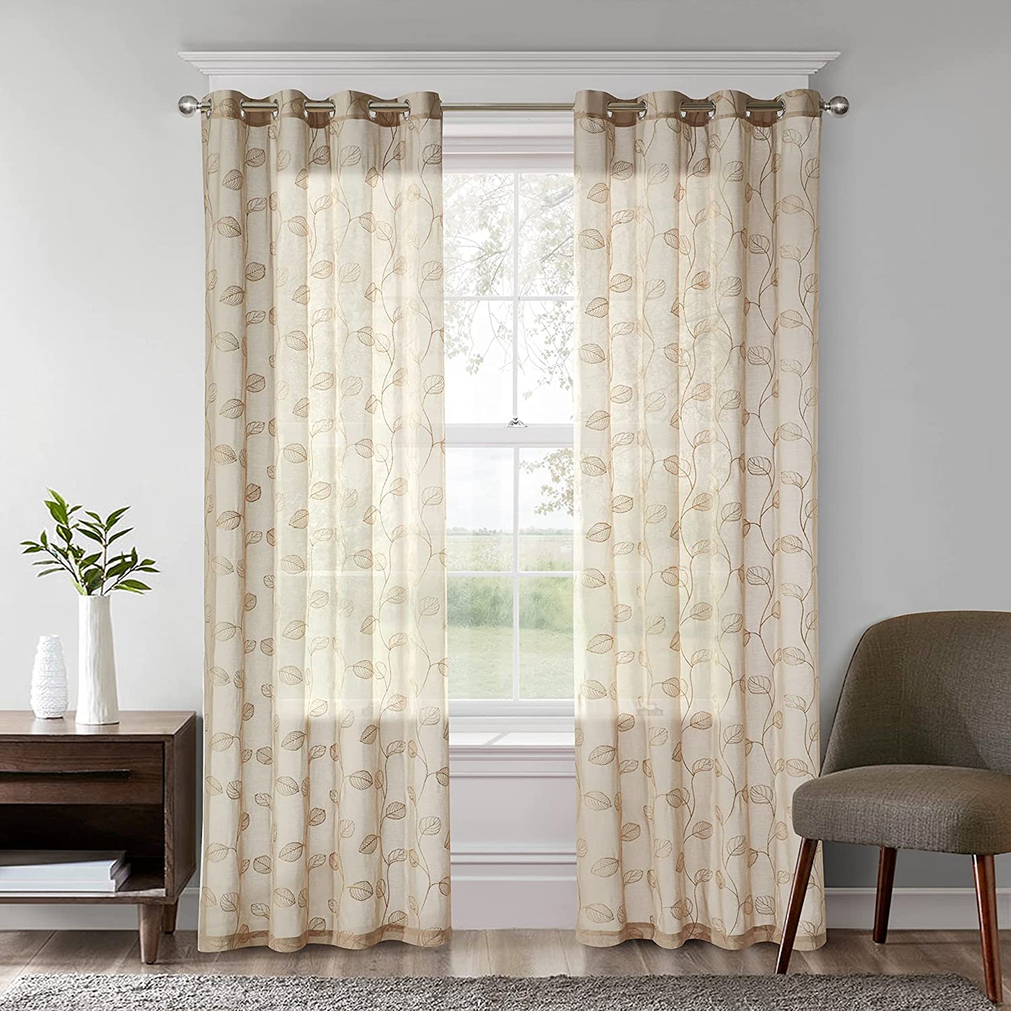 2 Pieces Beige Sheer Curtains , Embroidered Semi Sheer Grommet Floral Leaf Window Curtains & Drapes for Living Room Kitchen Bedroom Curtains