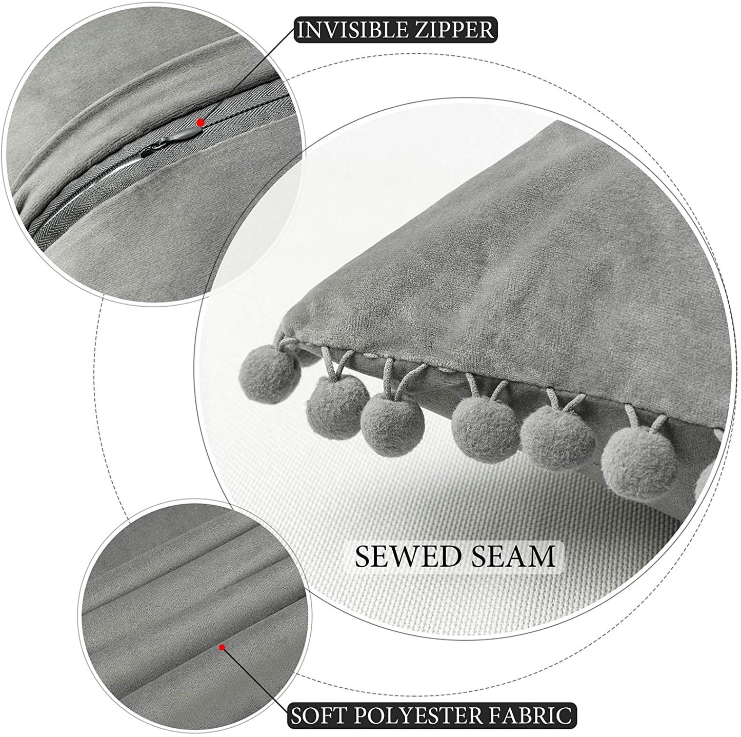2x  Square Throw Pillows with Cute Pom-poms for Couch Sofa Bedroom Decor (Inserts + Pillow Covers, Grey)