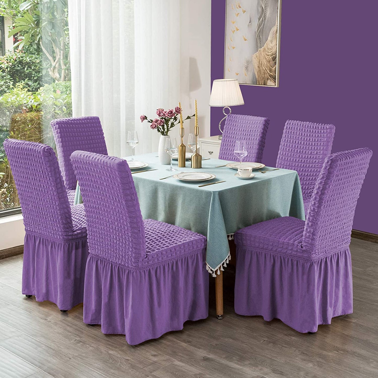 Stretchy Dining Room Chair Covers with Long Skirt, Suitable for families, parties, dirt resistant ,Set of 2/4/6/8 PCS,Purple