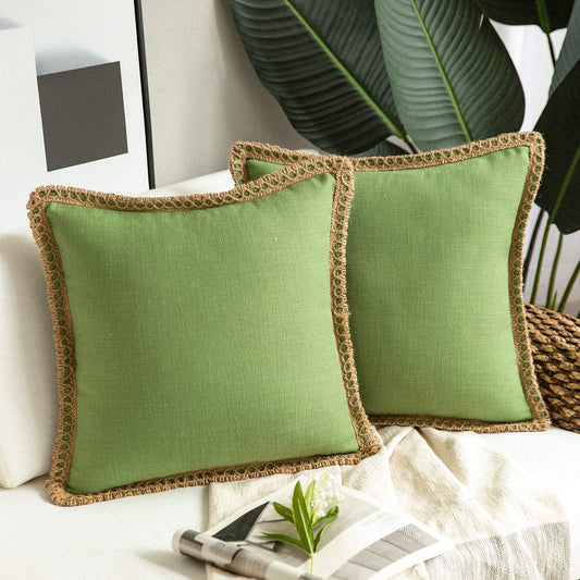 Pack of 2 Farmhouse Decorative Throw Pillow Covers Burlap Linen Trimmed Tailored Edges ,for Couch Sofa Living Room Decor - Green