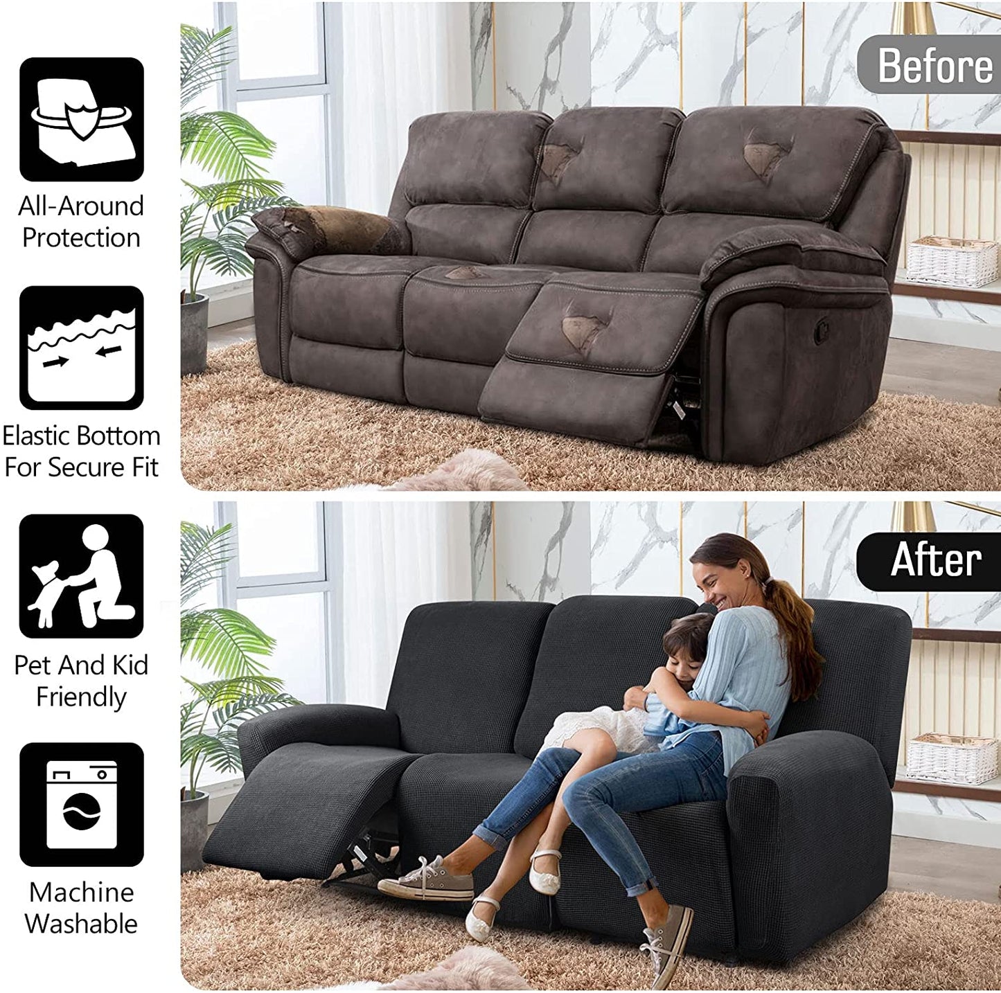 Recliner Sofa Covers Stretch for 1/2/3 Seats Jacquard Pattern Furniture Protector, Black