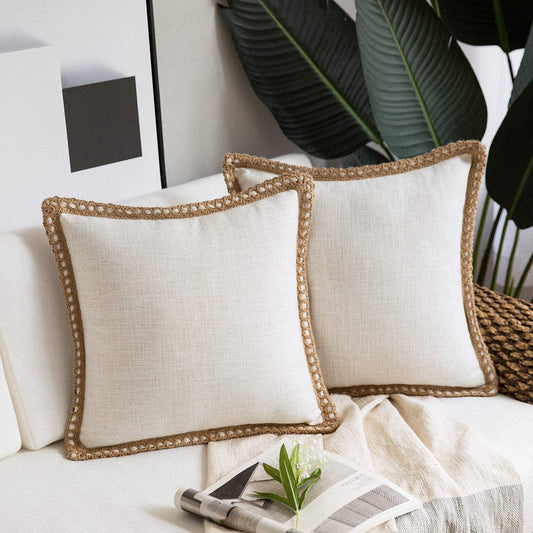 Pack of 2 Farmhouse Decorative Throw Pillow Covers Burlap Linen Trimmed Tailored Edges ,for Couch Sofa Living Room Decor - Ivory