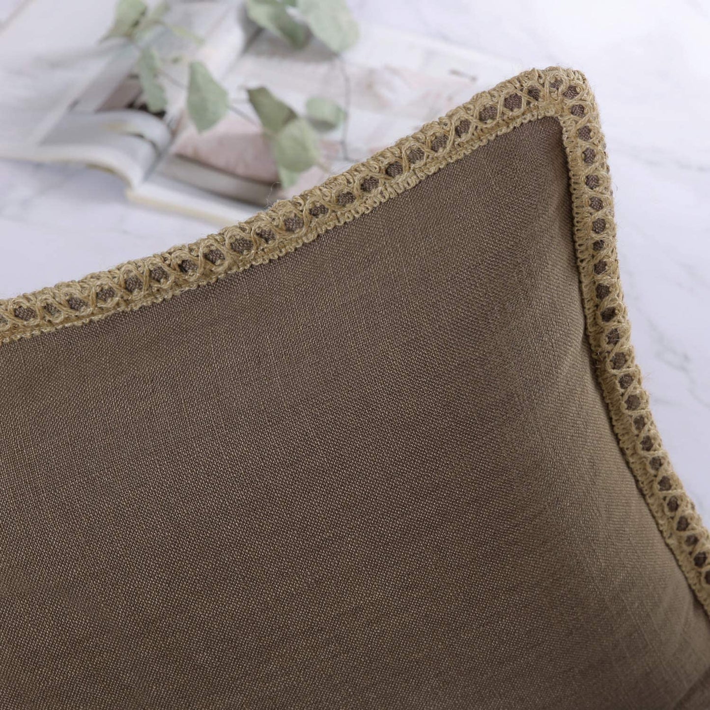 Pack of 2 Farmhouse Decorative Throw Pillow Covers Burlap Linen Trimmed Tailored Edges ,for Couch Sofa Living Room Decor - Coffee