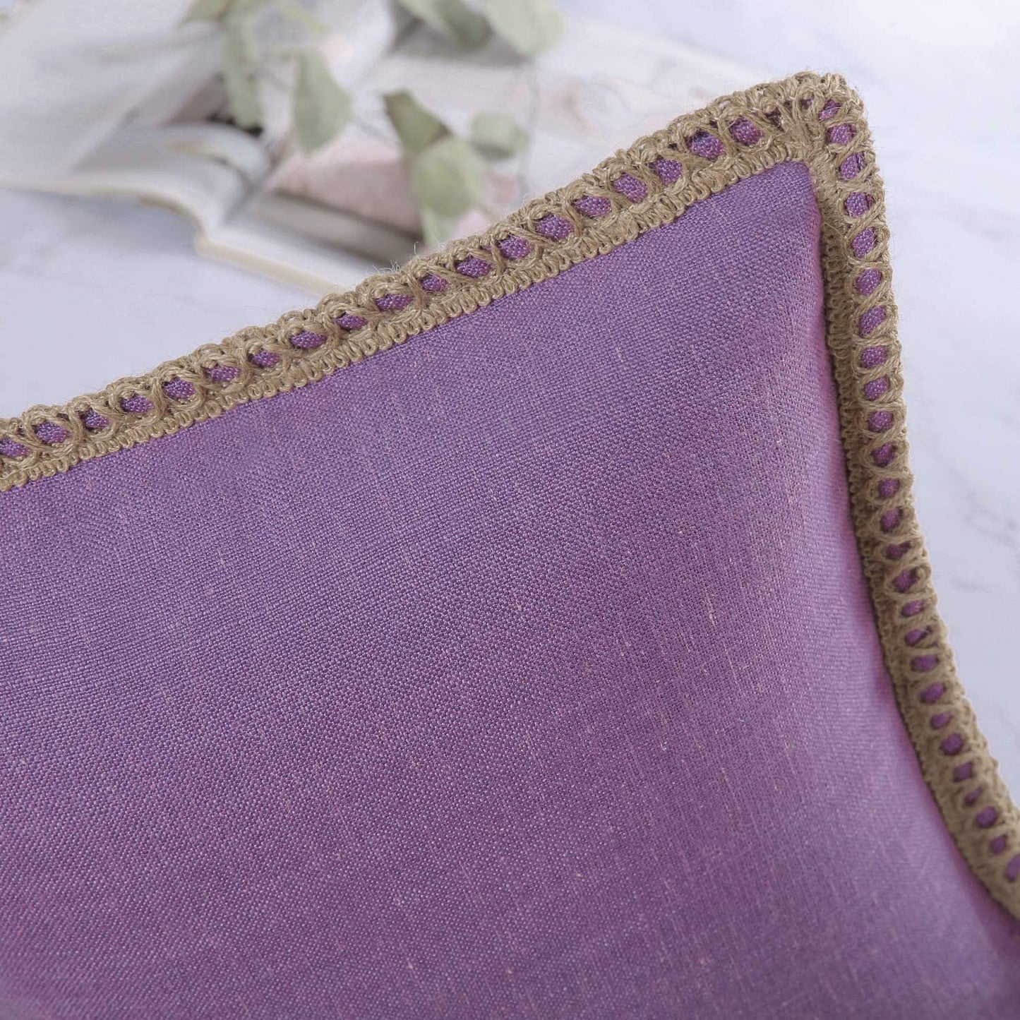 Pack of 2 Farmhouse Decorative Throw Pillow Covers Burlap Linen Trimmed Tailored Edges ,for Couch Sofa Living Room Decor - Purple