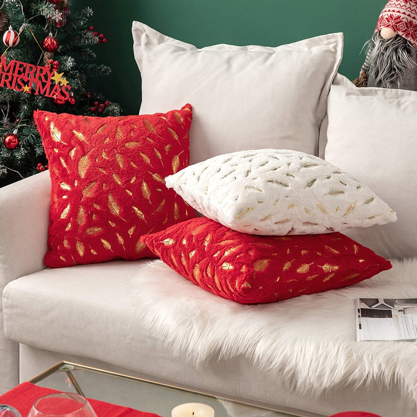 2x Square Throw Pillows Decorative Faux Fur Gold Feathers Gilding Leaves Cushion Cases Soft Fluffy(Inserts + Pillow Covers,White)
