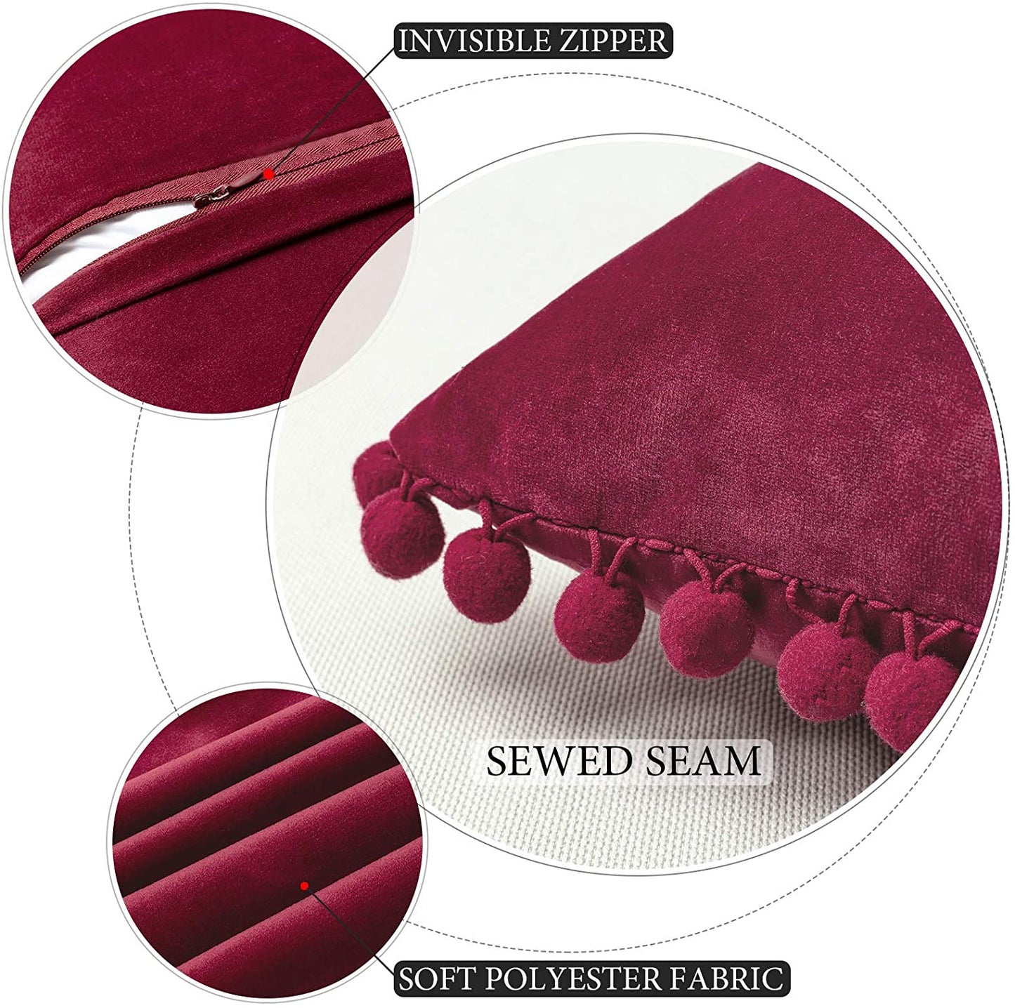 2x  Square Throw Pillows with Cute Pom-poms for Couch Sofa Bedroom Decor (Inserts + Pillow Covers, Wine Red )