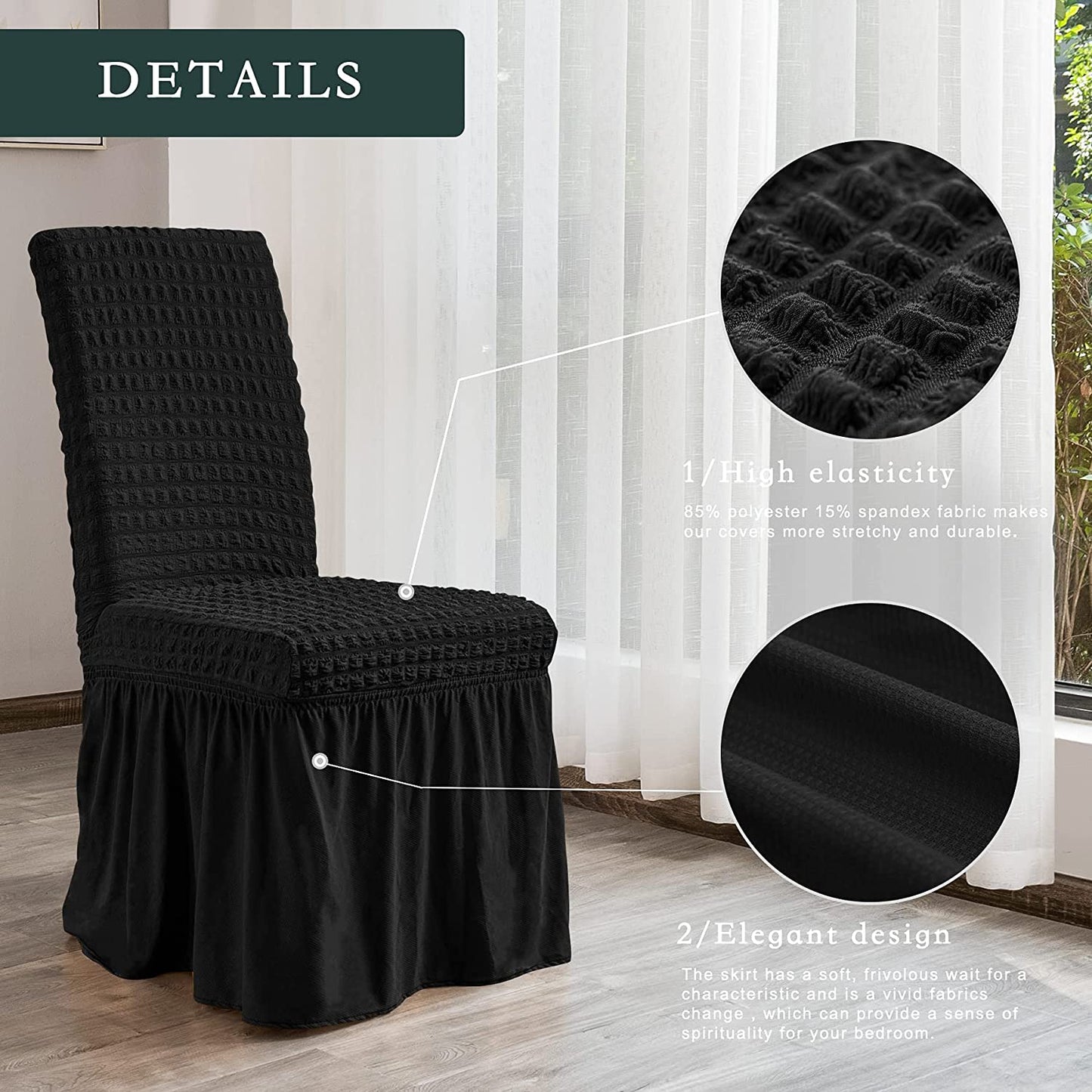 Stretchy Dining Room Chair Covers with Long Skirt, Suitable for families, parties, dirt resistant ,Set of 2/4/6/8 PCS,Black
