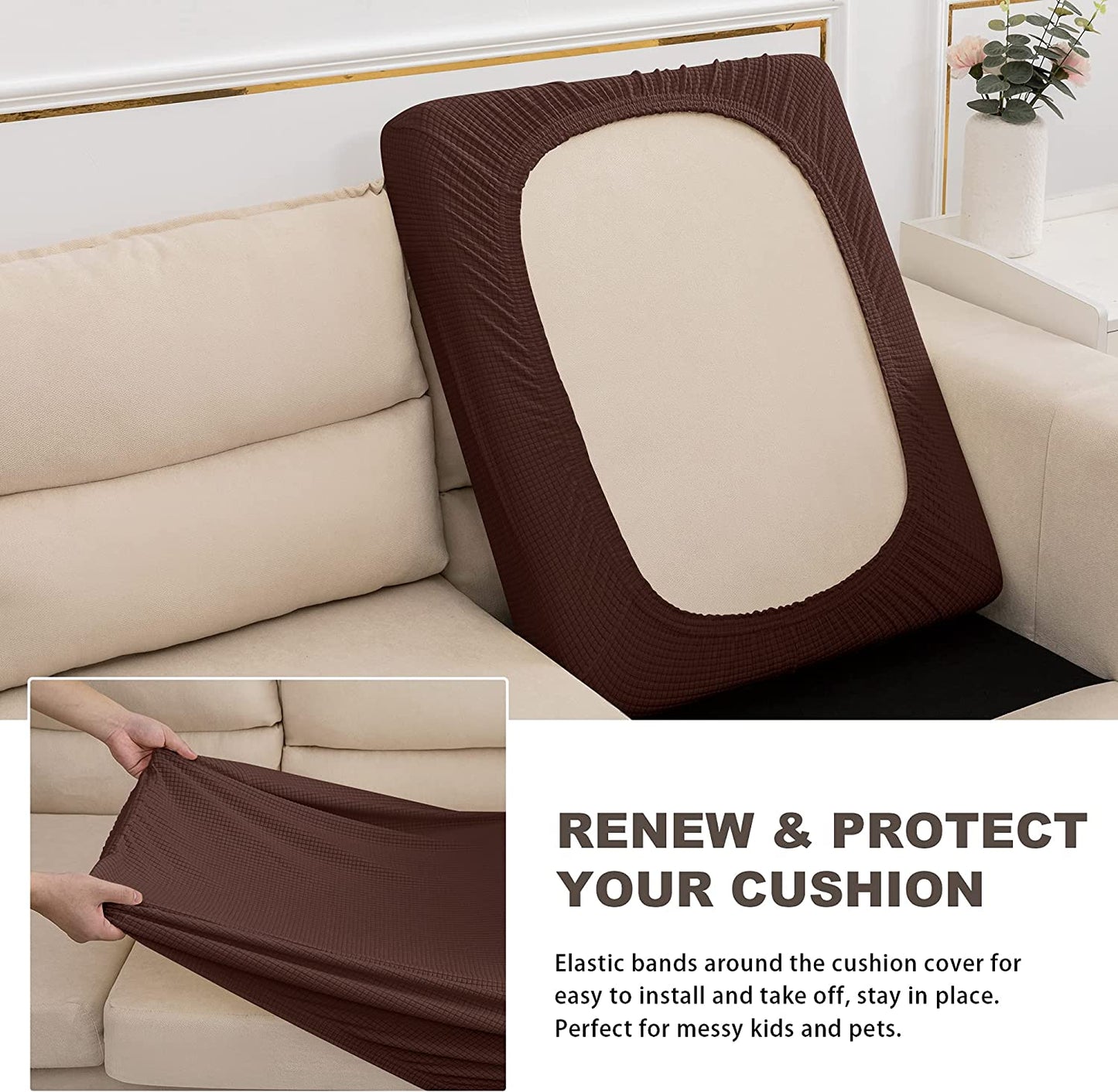 Water Repellent Sofa Couch Cushion Covers Sofa Seat Slipcover Suitable for 1/2/3 Setaer Furniture Protector, Non Slip Small Checks, Chocolate