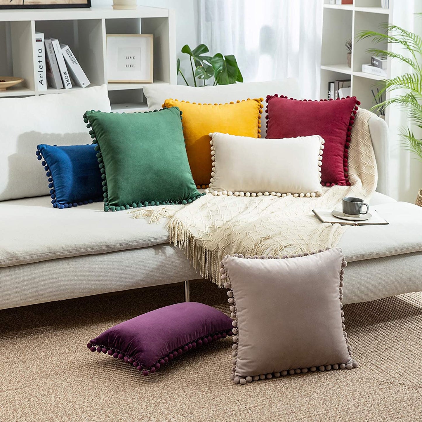 2x  Square Throw Pillows with Cute Pom-pom for Couch Sofa Bedroom Decor (Inserts + Pillow Covers,  Purple)