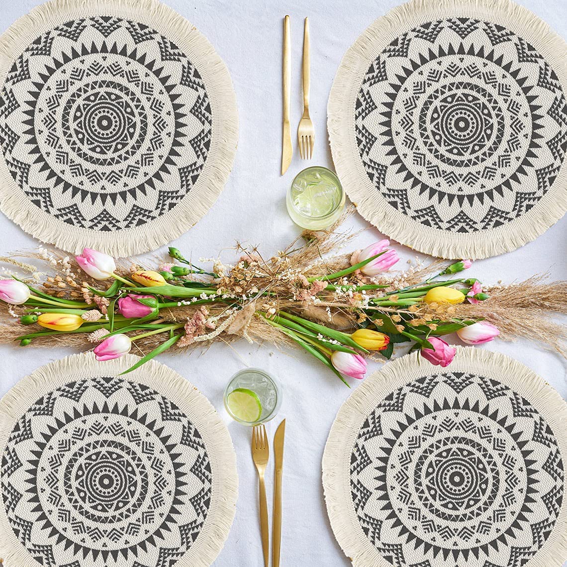 Round Placemats Set of 4/6/8, Boho Cotton Woven Macrame Tassels Table Mats Washable Heat Resistant Neutral Place Mat  (15 Inches,Dark Grey)