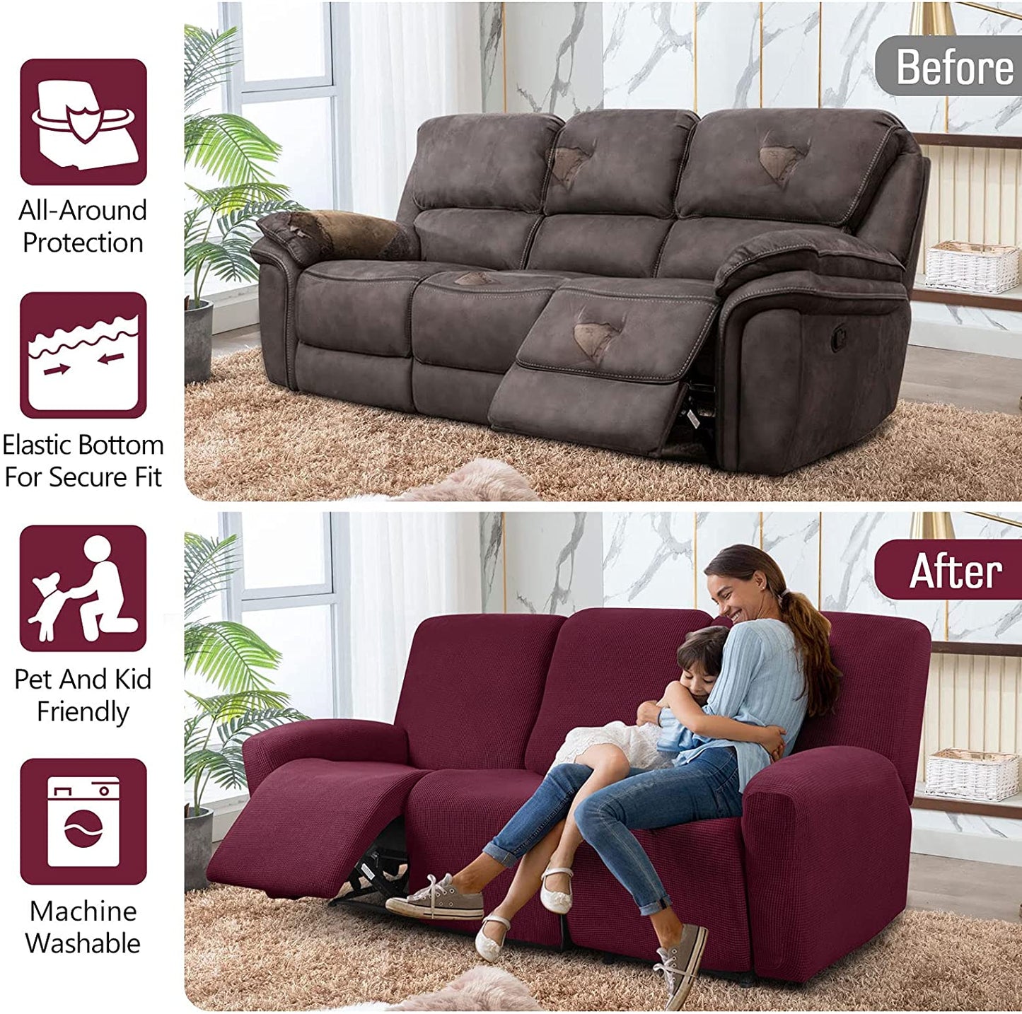 Recliner Sofa Covers Stretch for 1/2/3 Seats Jacquard Pattern Furniture Protector, Burgundy