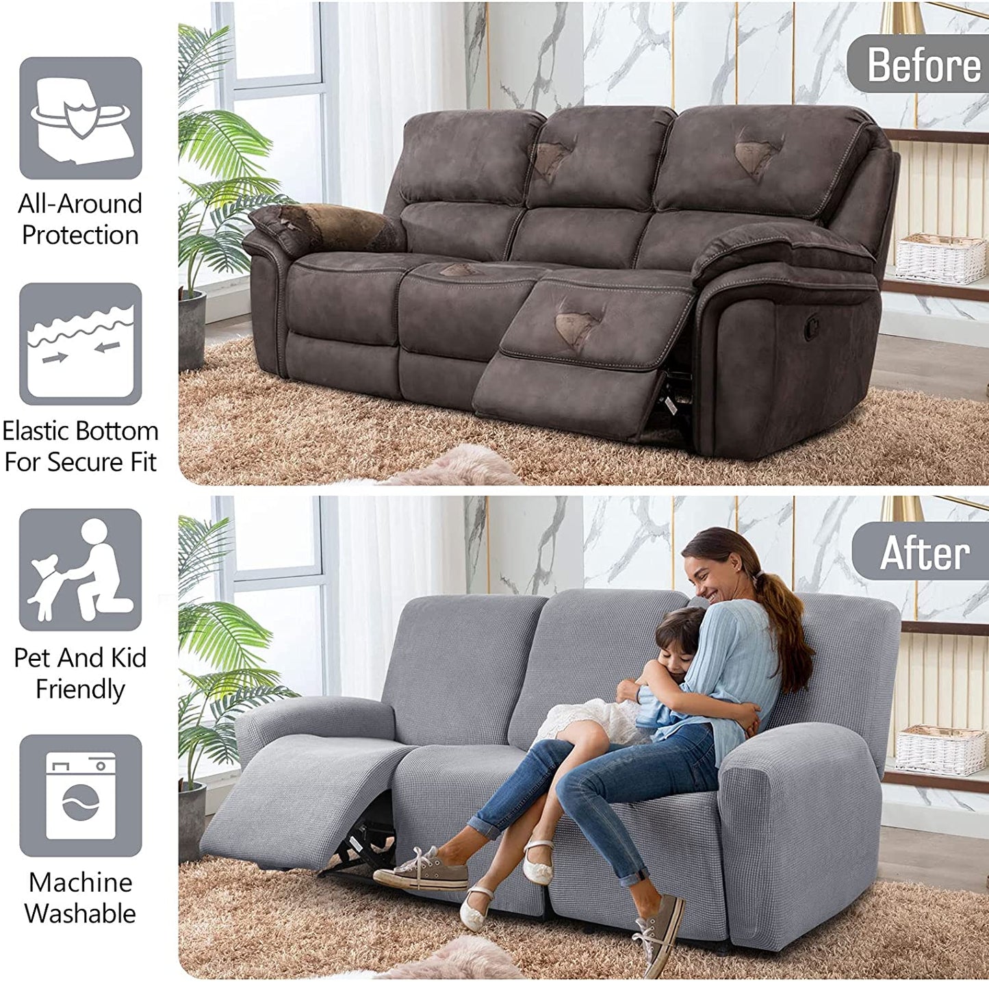 Recliner Sofa Covers Stretch for 1/2/3 Seats Jacquard Pattern Furniture Protector, Light Grey