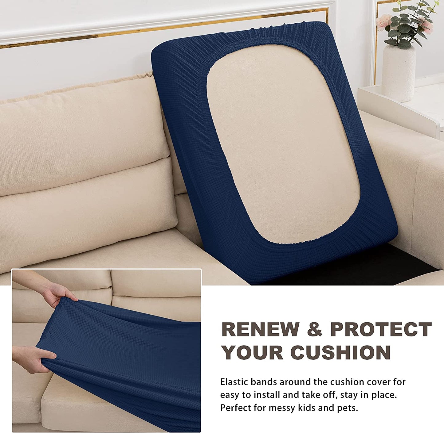 Water Repellent Sofa Couch Cushion Covers Sofa Seat Slipcover Suitable for 1/2/3 Setaer Furniture Protector, Non Slip Small Checks, Navy