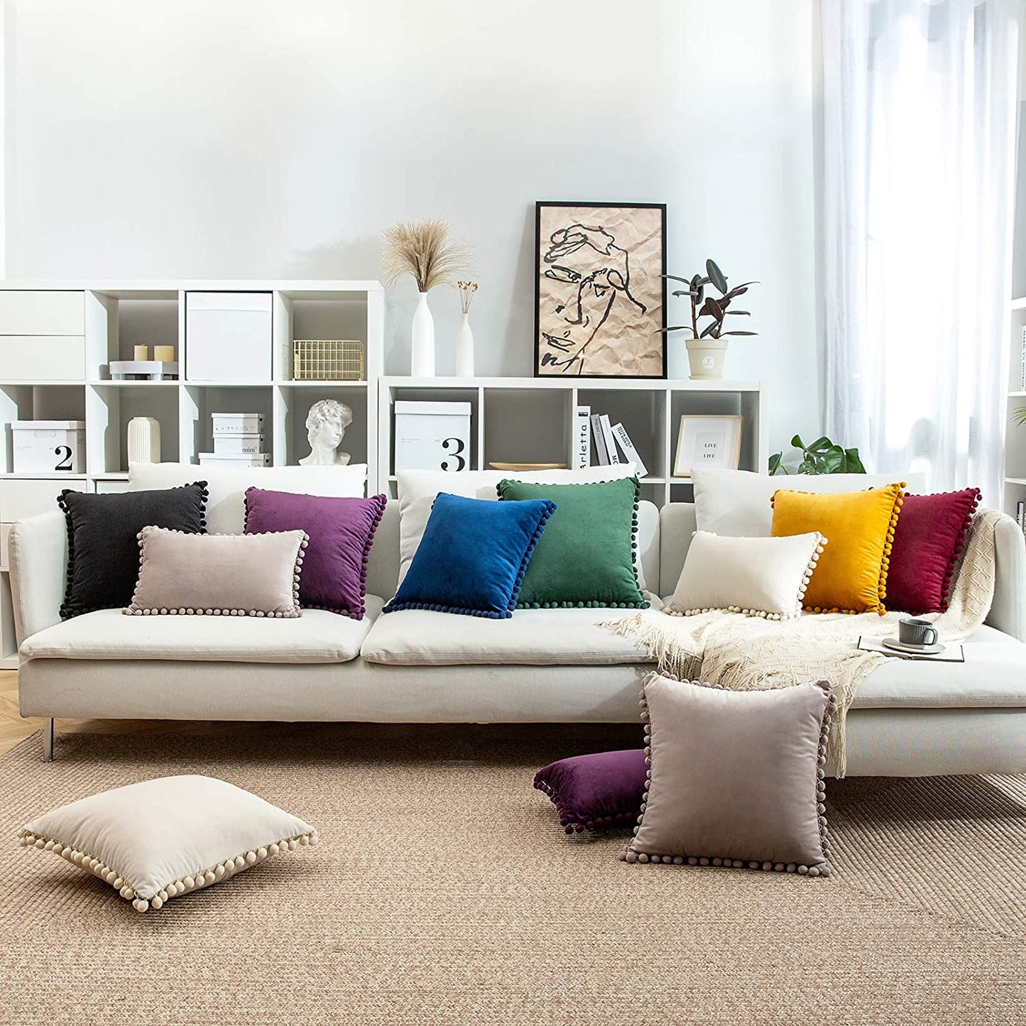 2x  Square Throw Pillows with Cute Pom-poms for Couch Sofa Bedroom Decor (Inserts + Pillow Covers,Black)
