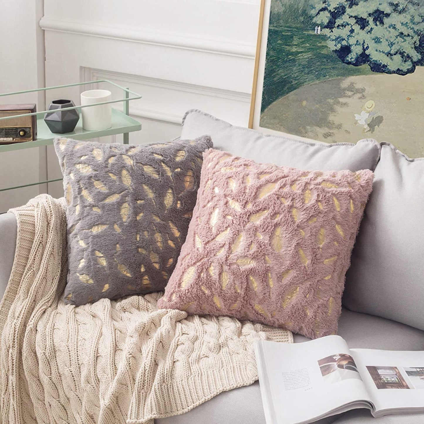 2x Square Throw Pillows Decorative Faux Fur Gold Feathers Gilding Leaves Cushion Cases Soft Fluffy(Inserts + Pillow Covers,Heather Pink)