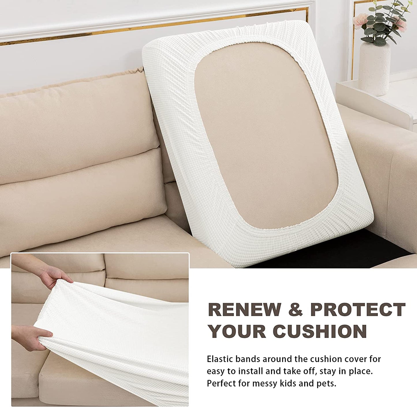 Water Repellent Sofa Couch Cushion Covers Sofa Seat Slipcover Suitable for 1/2/3 Setaer Furniture Protector, Non Slip Small Checks, White