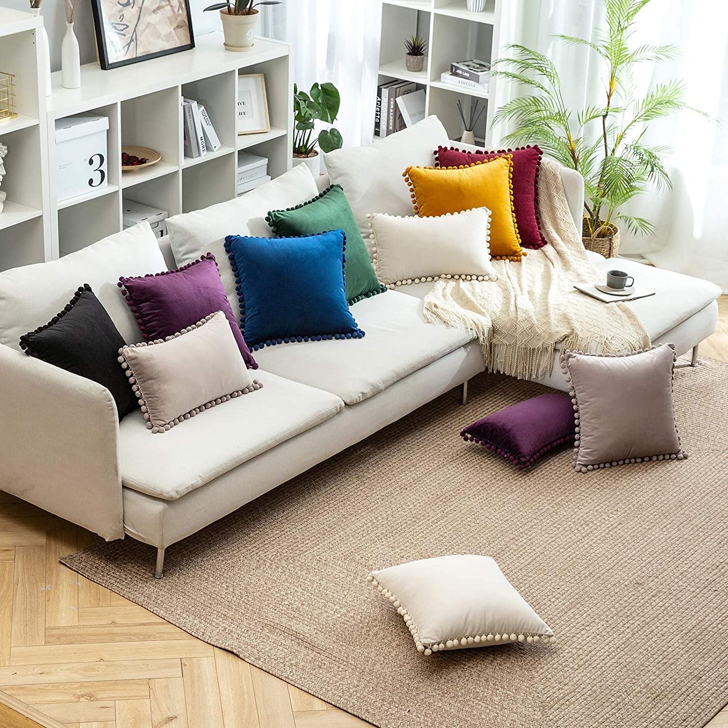 2x  Square Throw Pillows with Cute Pom-poms for Couch Sofa Bedroom Decor (Inserts + Pillow Covers, Navy)