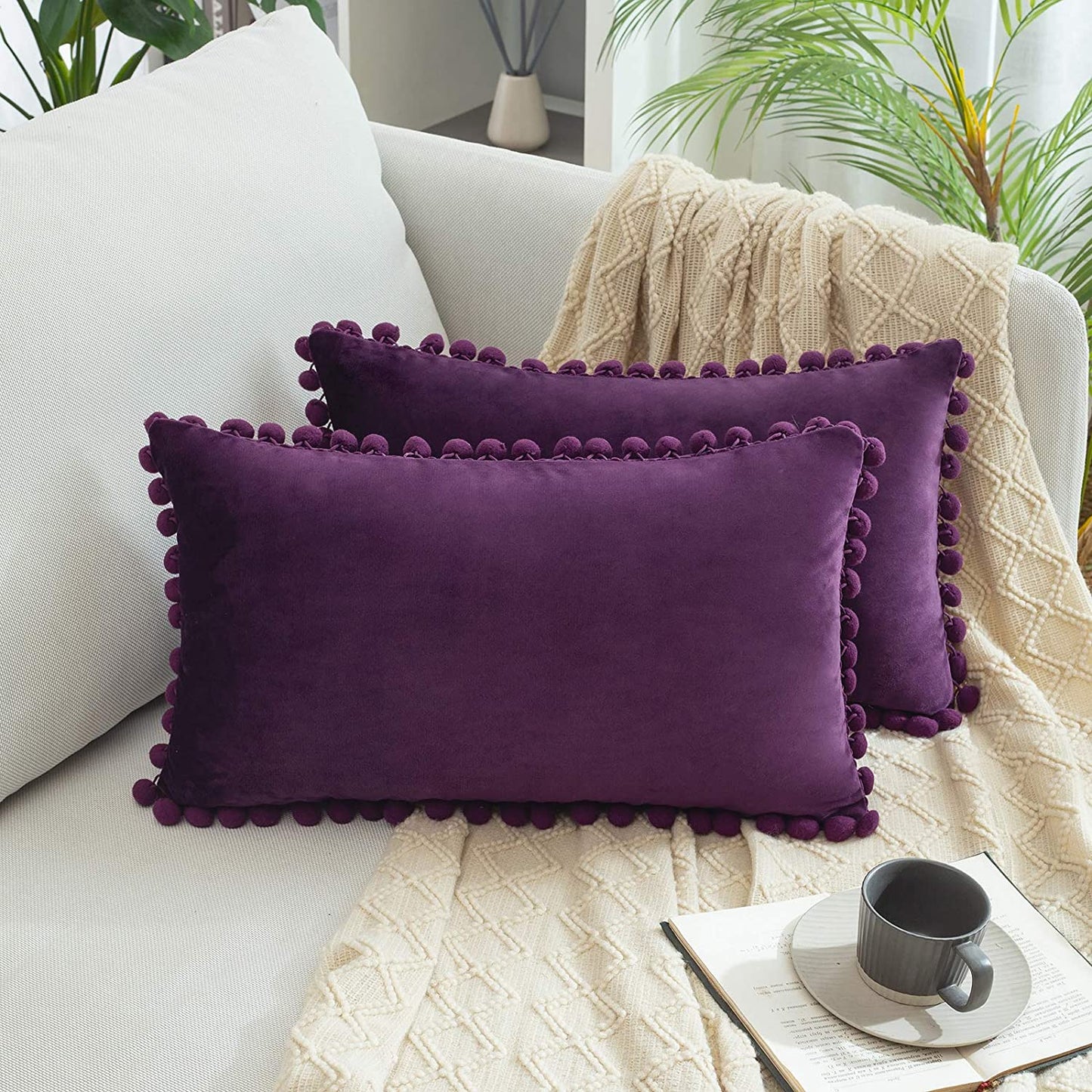 2x  Square Throw Pillows with Cute Pom-pom for Couch Sofa Bedroom Decor (Inserts + Pillow Covers,  Purple)