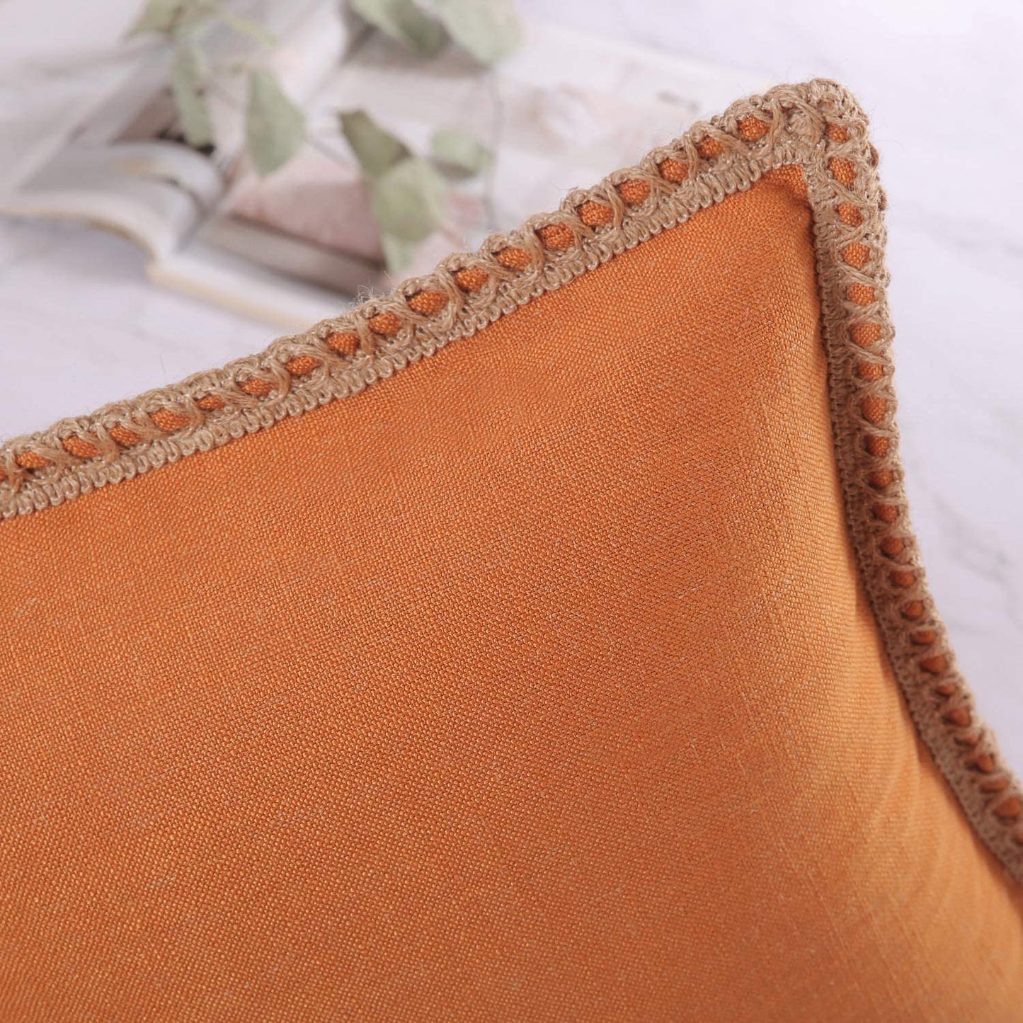 Pack of 2 Farmhouse Decorative Throw Pillow Covers Burlap Linen Trimmed Tailored Edges ,for Couch Sofa Living Room Decor - Orange