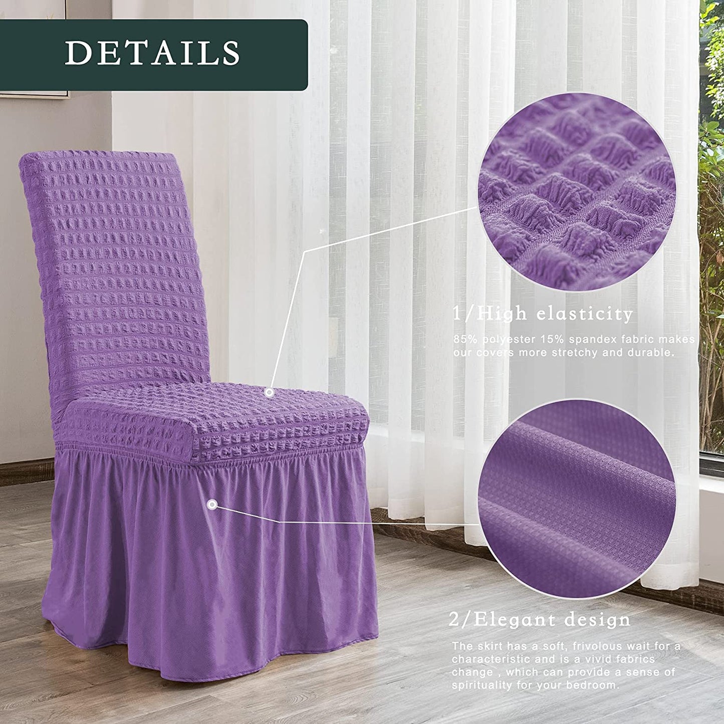 Stretchy Dining Room Chair Covers with Long Skirt, Suitable for families, parties, dirt resistant ,Set of 2/4/6/8 PCS,Purple